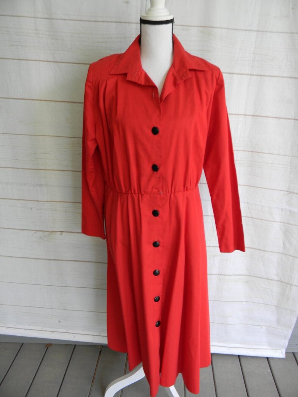 Vintage 70s Caron RED/ORANGE SHIRT COLLAR  Fit & Flare Button Long SLV  Dress